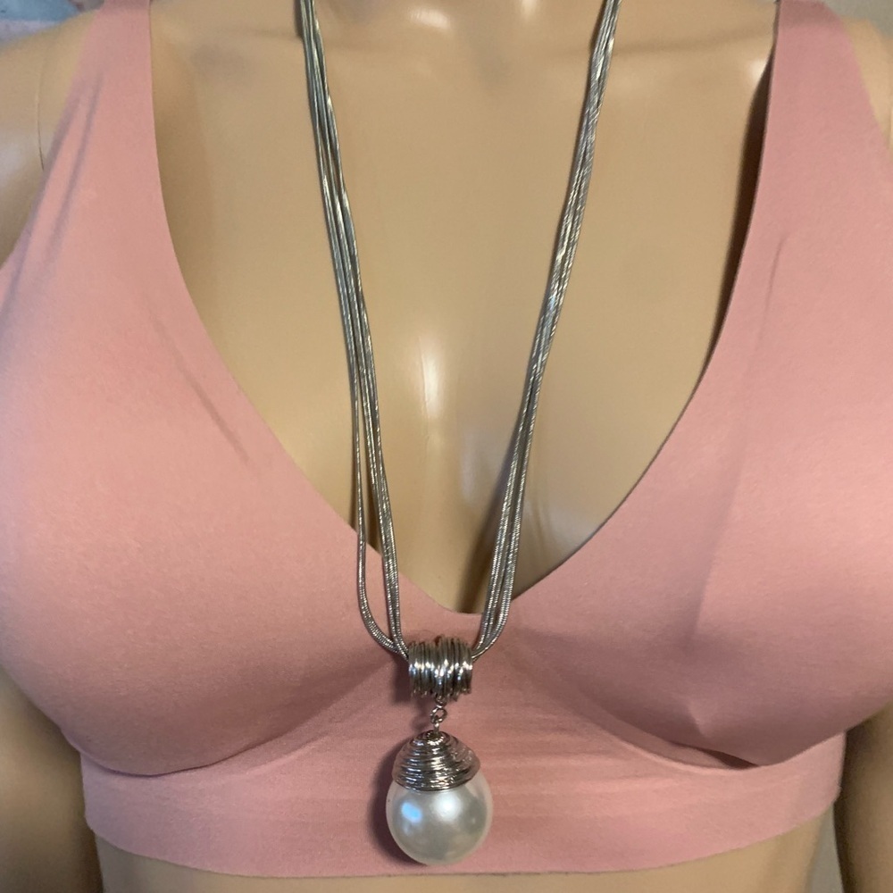 2/$19 3 strands of silver tone chains with large pearl necklace costume jewelry